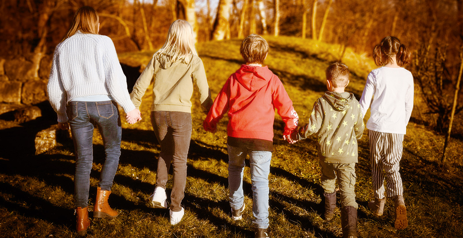 Fünf Kinder oder Jugendliche nebeneinander halten sich an den Händen und gehen mit dem Rücken zu uns einen kleinen grasbewachsenen Hügel hinauf, im Hintergrund sind Bäume zu erkennen. Darunter der Text: Wir begleiten trauernde Erwachsene und Kinder in ihrer schweren Lebenssituation.