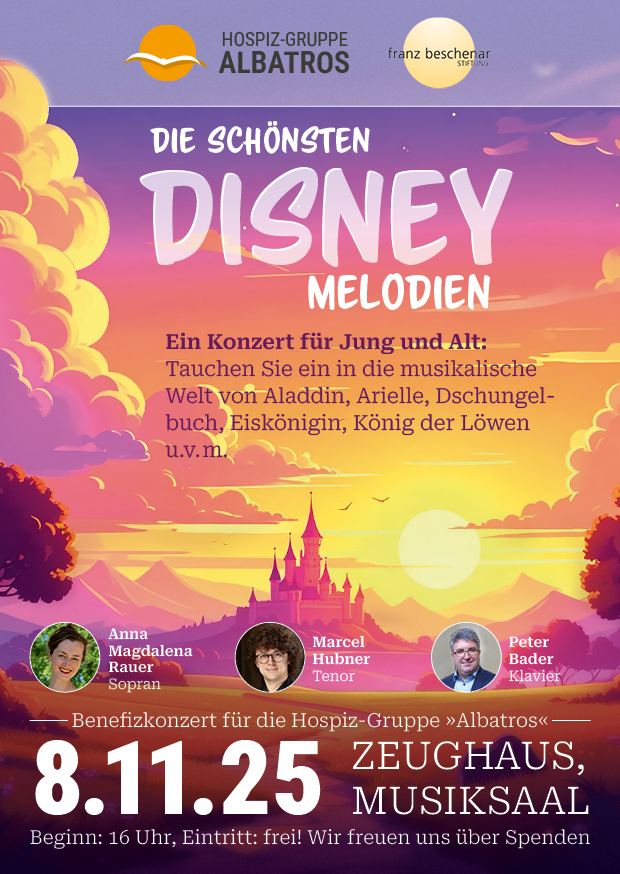 Konzertflyer für "Die schönsten Disney-Melodien" am 8.11.25 im Zeughaus, Musiksaal.